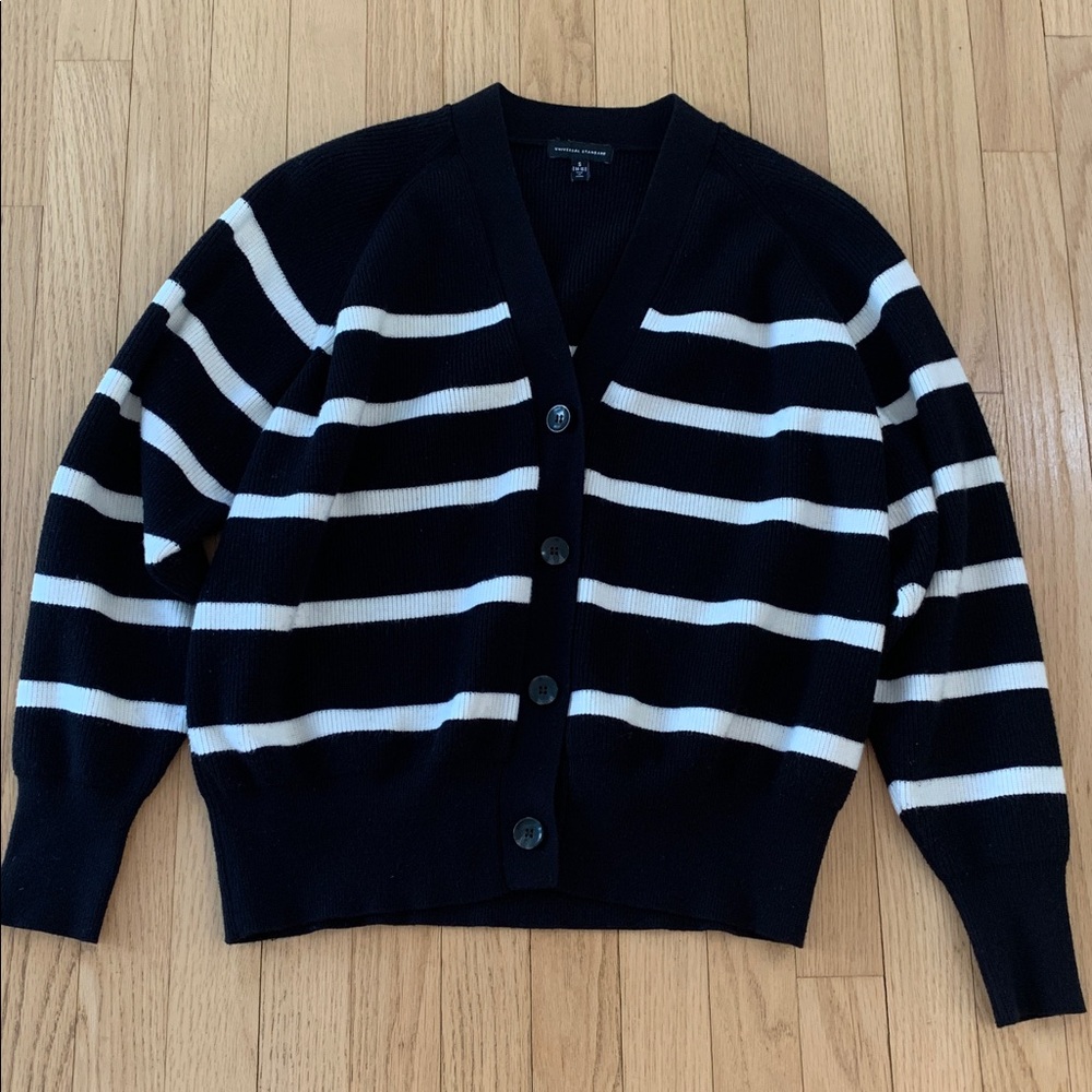 Universal Standard Better Than Wool Cardigan Black Cream Stripe Classic Preppy